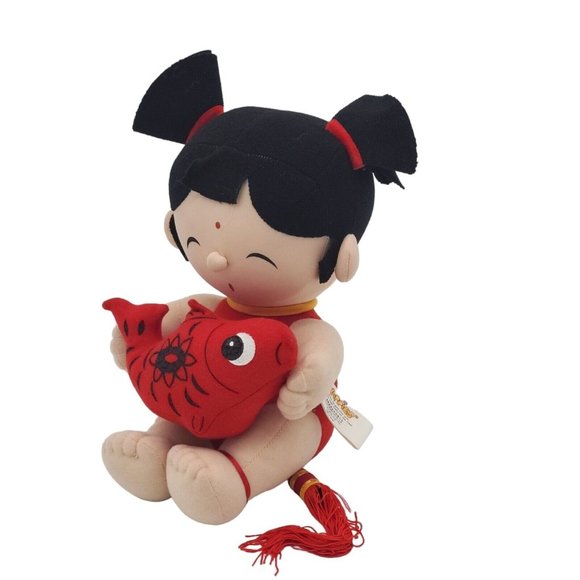 Cute Chinese Wind Doll Girl Holding Fish Plush 10 Inch Anime Cartoon Red Black - Picture 1 of 6
